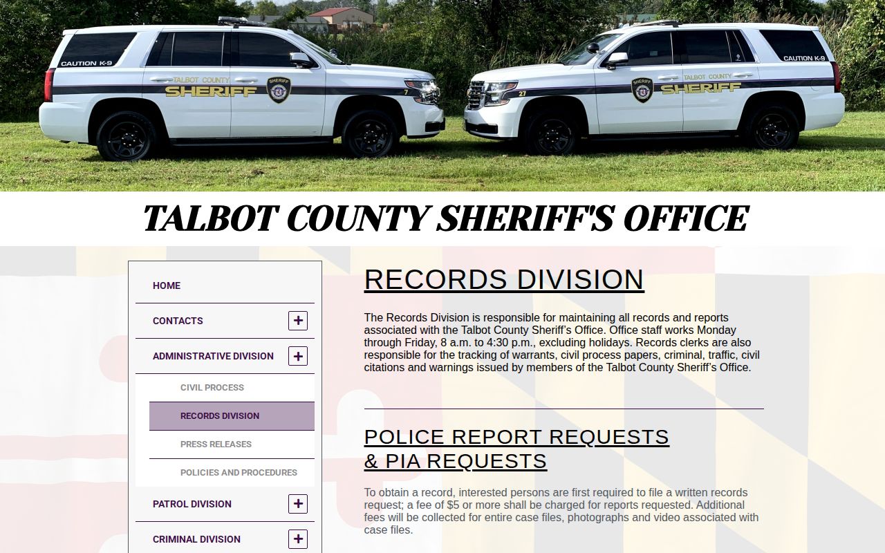 Talbot Sheriff Records Division request information