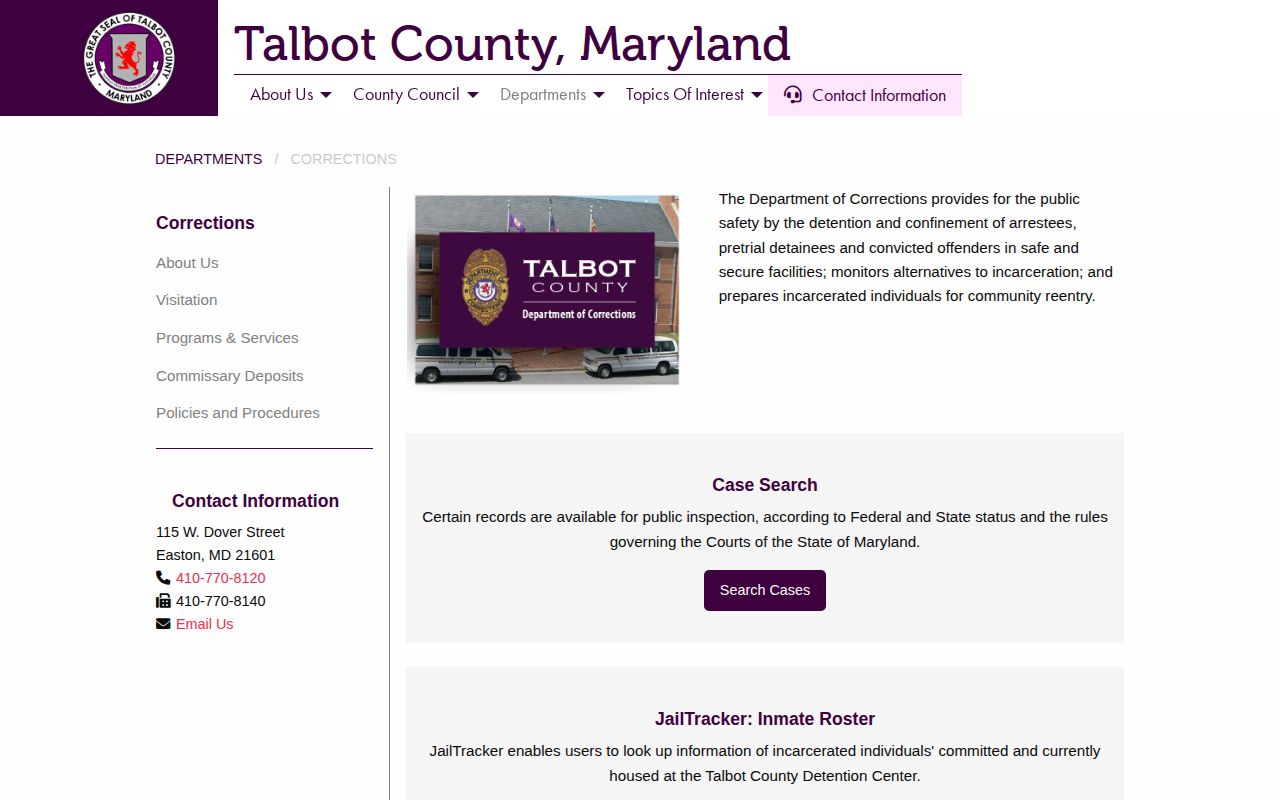 Talbot County Corrections roster and contact page
