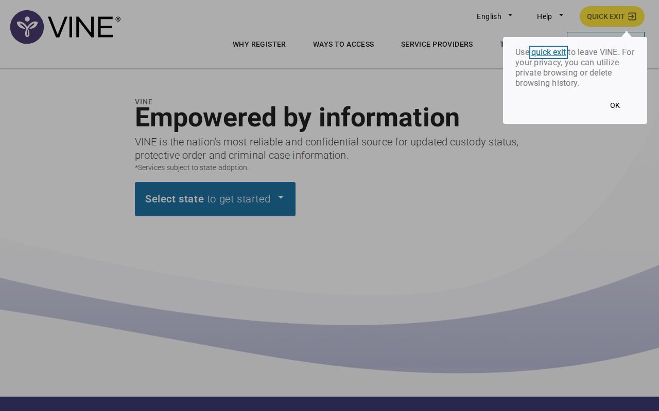VINELink public page leading to custody alert registration