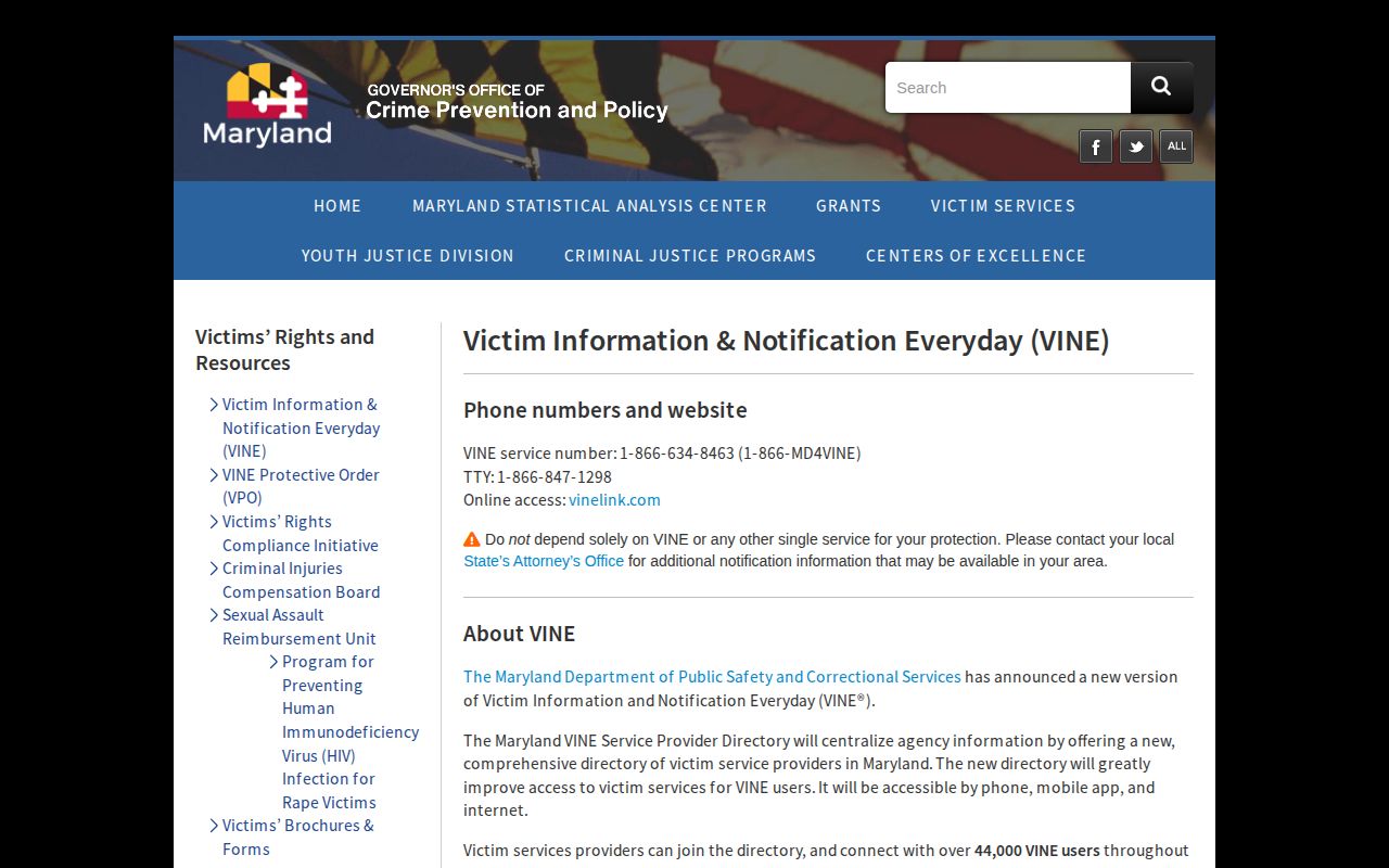 Maryland VINE statewide victim notification information page