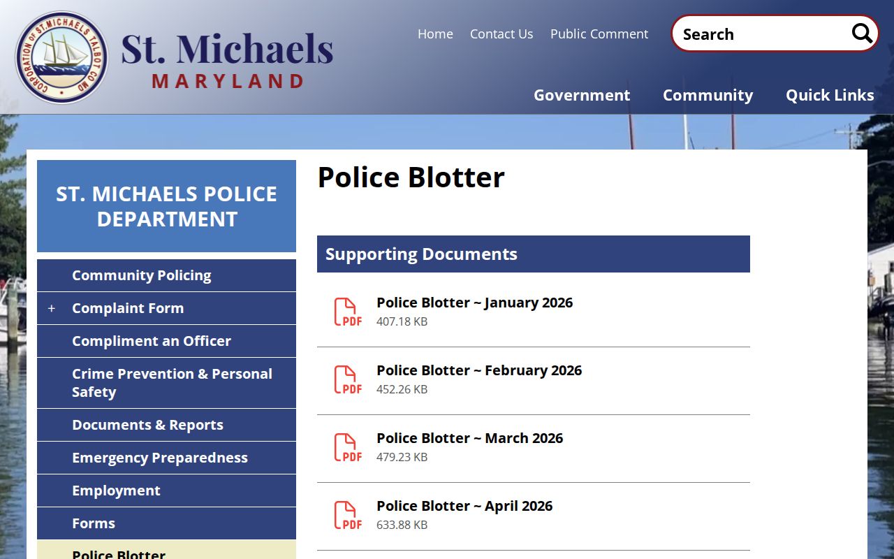 St. Michaels Police monthly blotter index page
