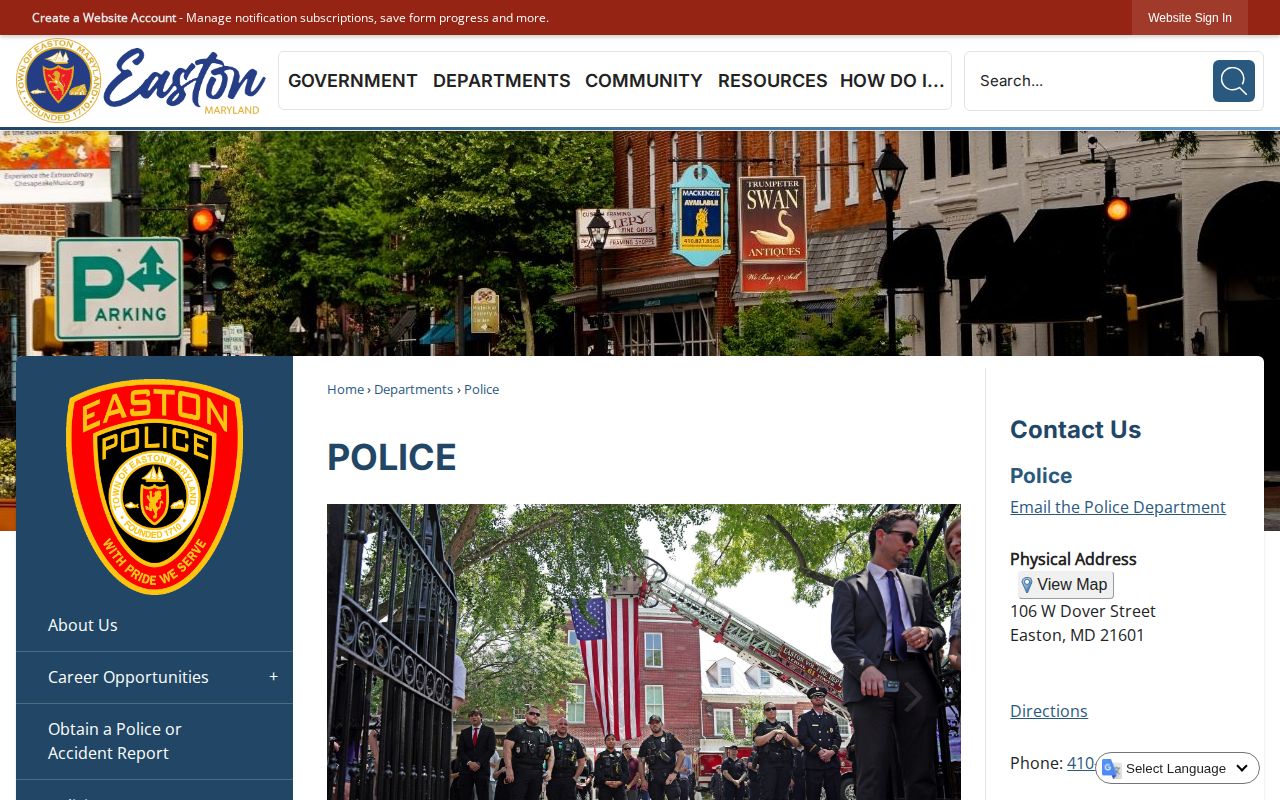 Easton Police Department official web page with city police information
